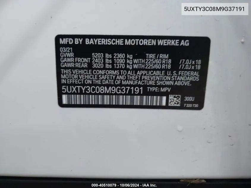 2021 BMW X3 Sdrive30I VIN: 5UXTY3C08M9G37191 Lot: 40510079