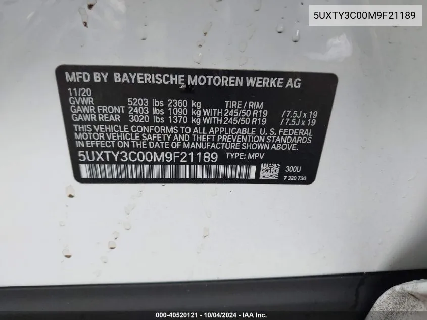 5UXTY3C00M9F21189 2021 BMW X3 Sdrive30I