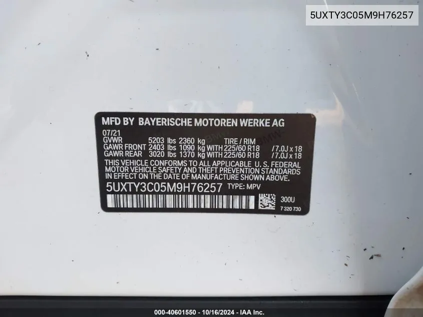 5UXTY3C05M9H76257 2021 BMW X3 Sdrive30I