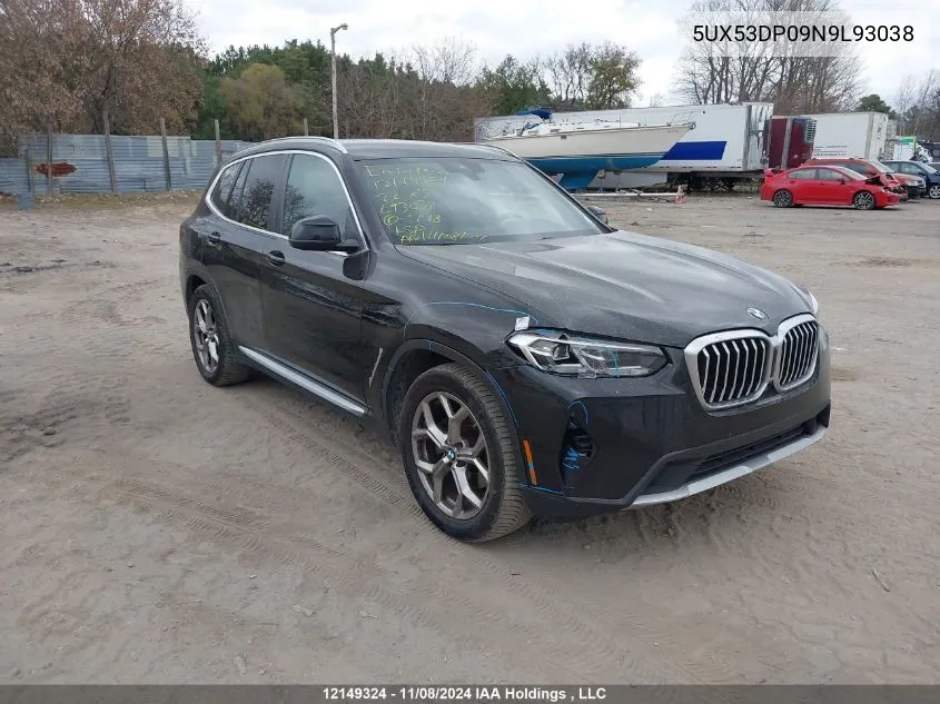 2022 BMW X3 VIN: 5UX53DP09N9L93038 Lot: 12149324