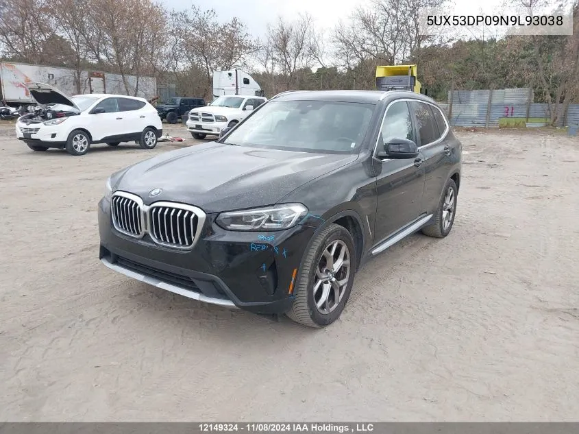 2022 BMW X3 VIN: 5UX53DP09N9L93038 Lot: 12149324