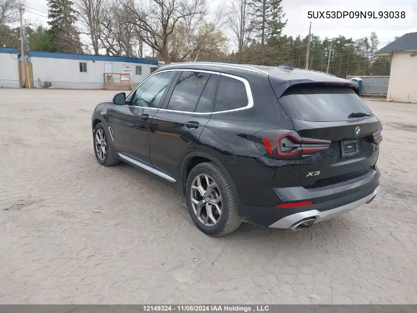 2022 BMW X3 VIN: 5UX53DP09N9L93038 Lot: 12149324