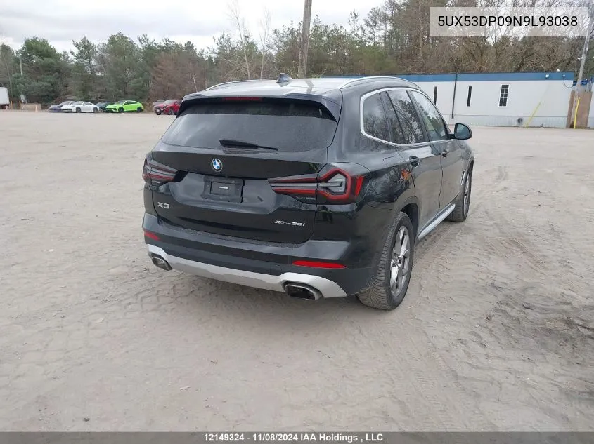 2022 BMW X3 VIN: 5UX53DP09N9L93038 Lot: 12149324