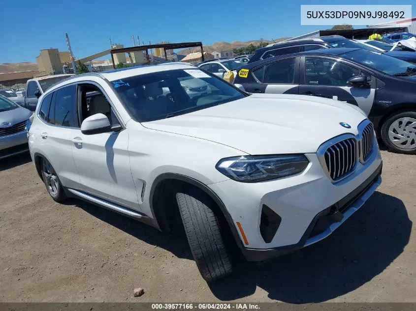 2022 BMW X3 xDrive30I VIN: 5UX53DP09N9J98492 Lot: 39577166