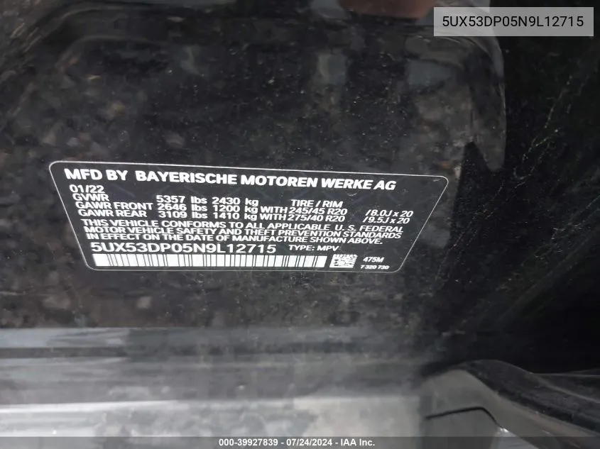 5UX53DP05N9L12715 2022 BMW X3 xDrive30I