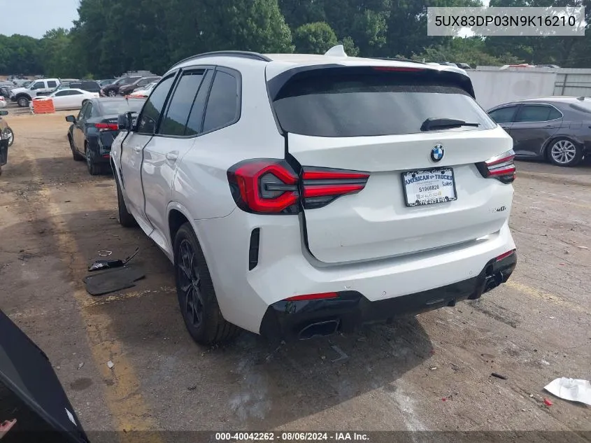 2022 BMW X3 M40I VIN: 5UX83DP03N9K16210 Lot: 40042262