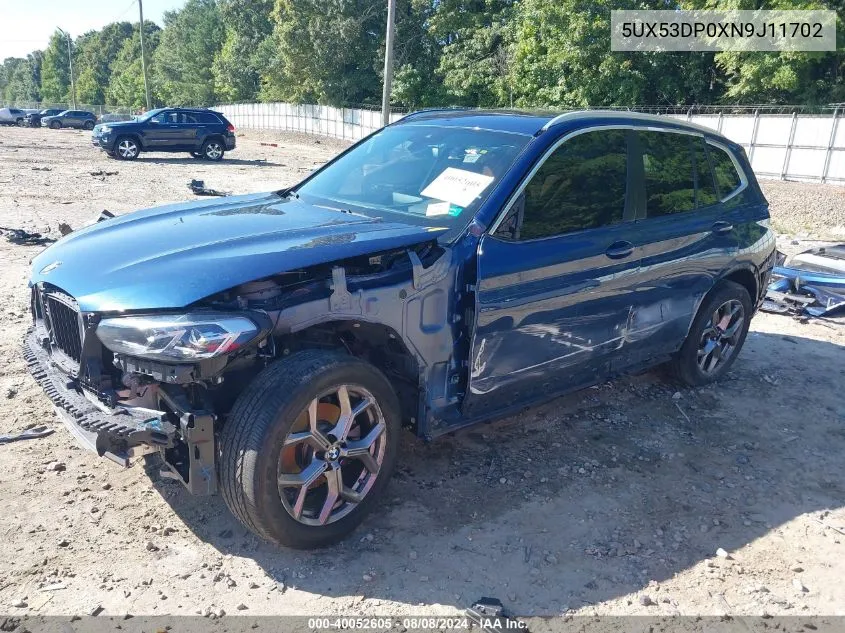 2022 BMW X3 xDrive30I VIN: 5UX53DP0XN9J11702 Lot: 40052605