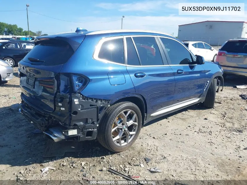 2022 BMW X3 xDrive30I VIN: 5UX53DP0XN9J11702 Lot: 40052605