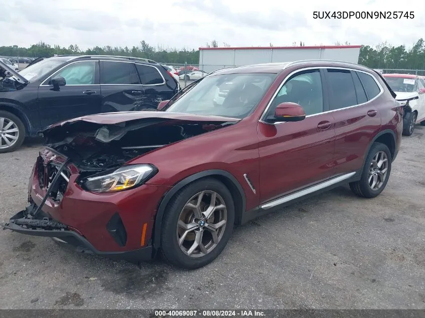 2022 BMW X3 Sdrive30I VIN: 5UX43DP00N9N25745 Lot: 40069087