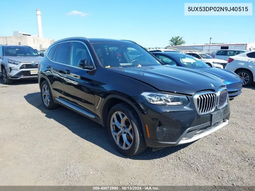 2022 BMW X3 xDrive30I VIN: 5UX53DP02N9J40515 Lot: 40072990