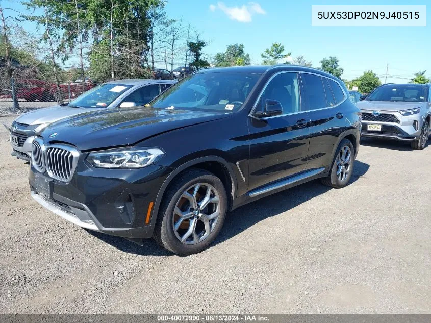 2022 BMW X3 xDrive30I VIN: 5UX53DP02N9J40515 Lot: 40072990