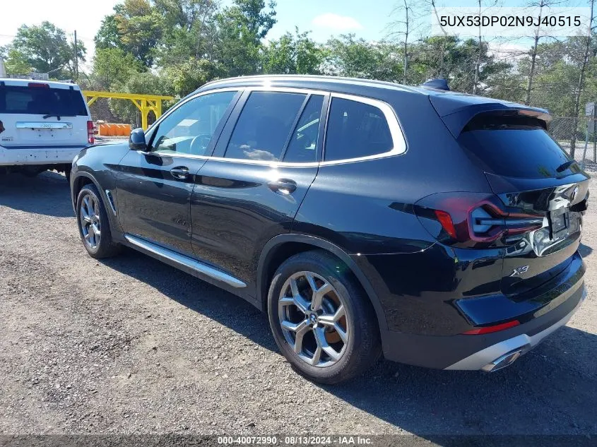 2022 BMW X3 xDrive30I VIN: 5UX53DP02N9J40515 Lot: 40072990