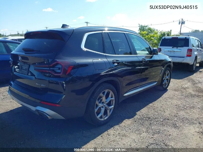 2022 BMW X3 xDrive30I VIN: 5UX53DP02N9J40515 Lot: 40072990