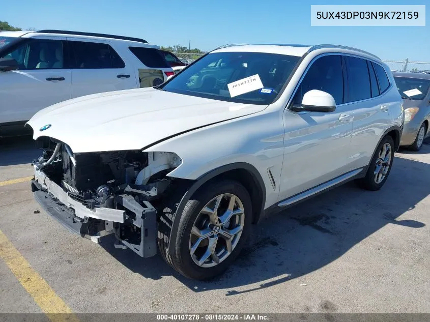 2022 BMW X3 Sdrive30I VIN: 5UX43DP03N9K72159 Lot: 40107278