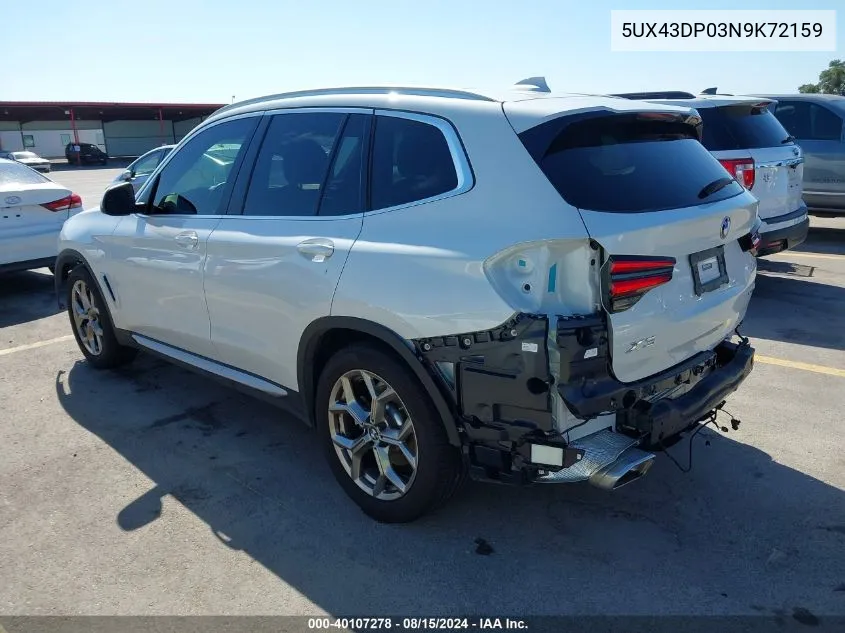 2022 BMW X3 Sdrive30I VIN: 5UX43DP03N9K72159 Lot: 40107278