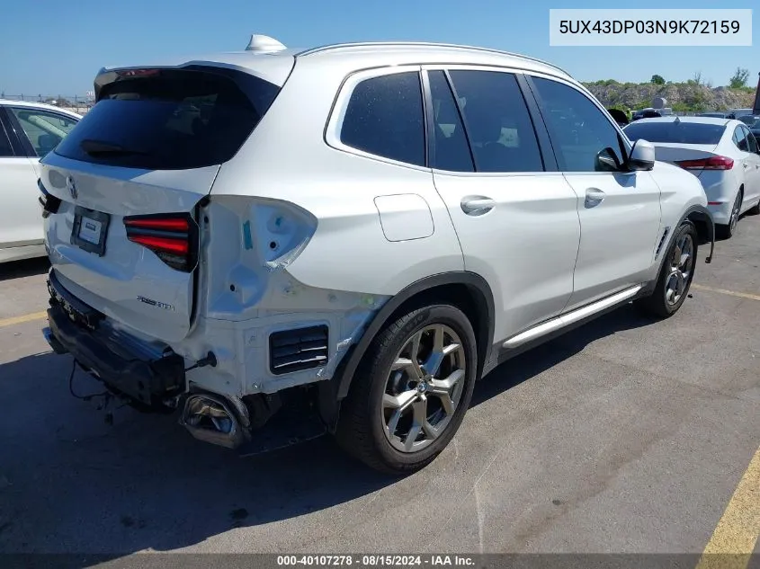 2022 BMW X3 Sdrive30I VIN: 5UX43DP03N9K72159 Lot: 40107278