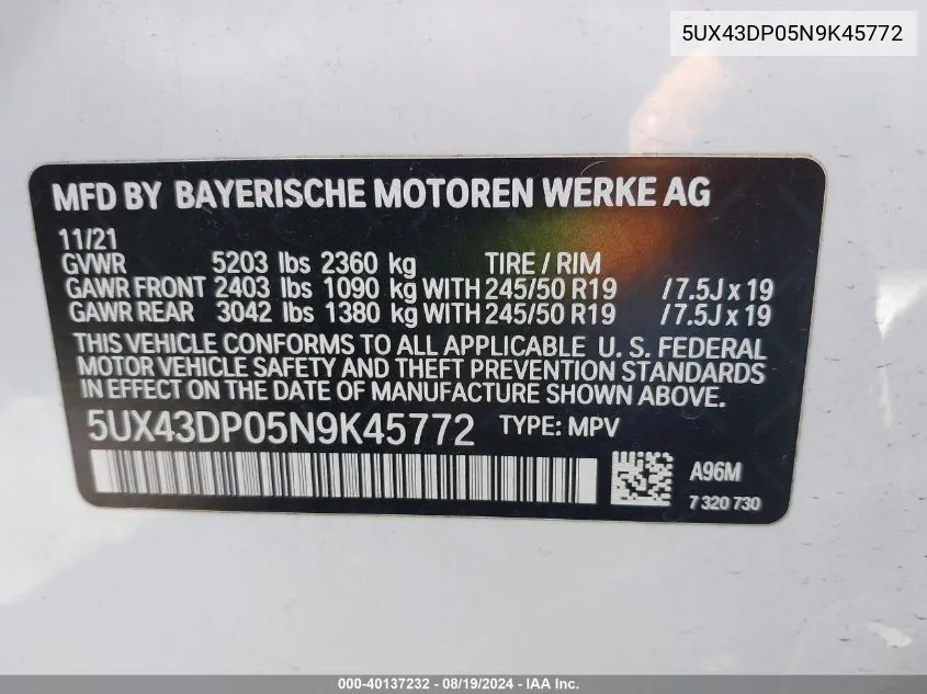 2022 BMW X3 Sdrive30I VIN: 5UX43DP05N9K45772 Lot: 40137232