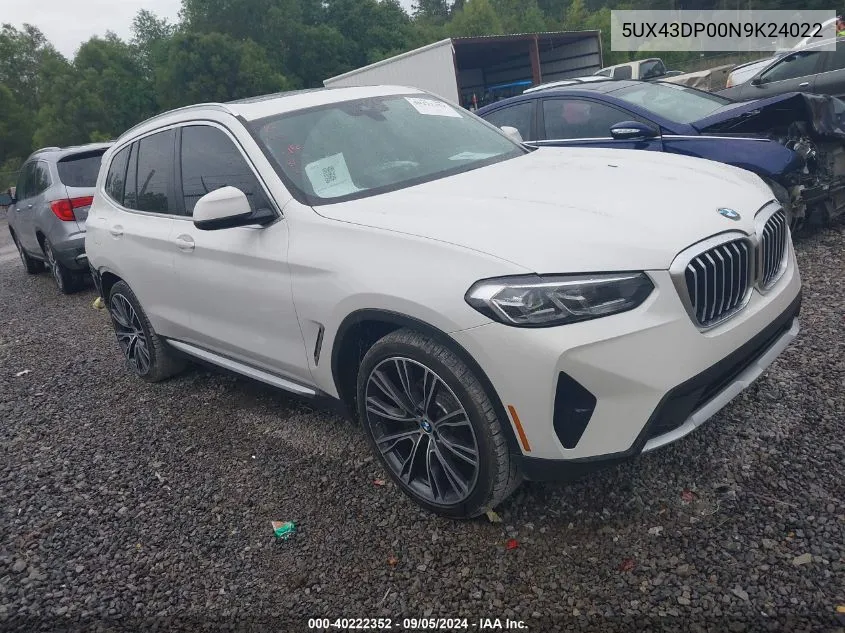 2022 BMW X3 Sdrive30I VIN: 5UX43DP00N9K24022 Lot: 40222352