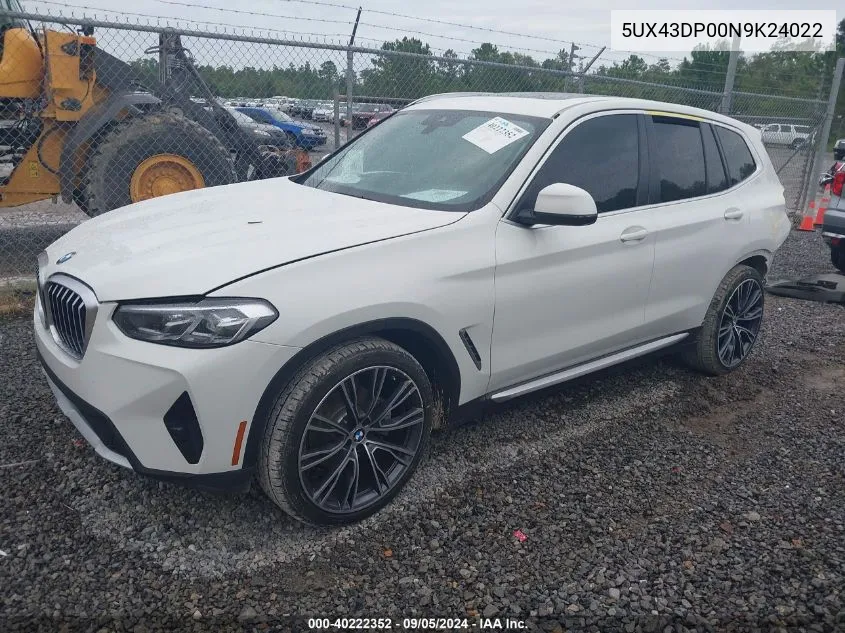 2022 BMW X3 Sdrive30I VIN: 5UX43DP00N9K24022 Lot: 40222352