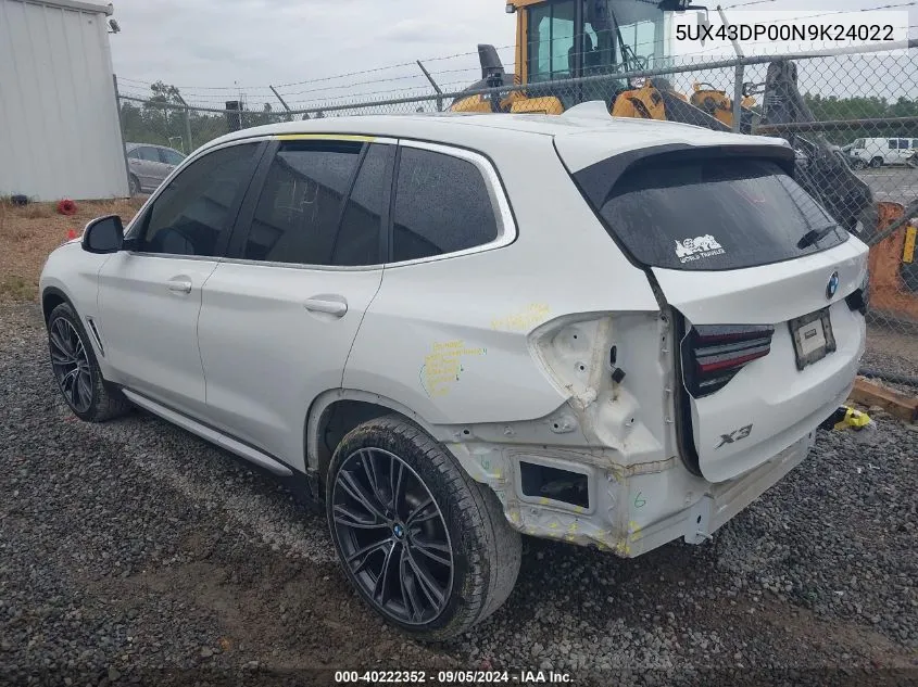 2022 BMW X3 Sdrive30I VIN: 5UX43DP00N9K24022 Lot: 40222352