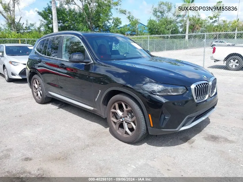 2022 BMW X3 Sdrive30I VIN: 5UX43DP03N9M55836 Lot: 40298101