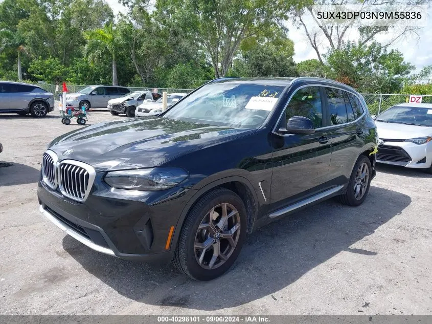 2022 BMW X3 Sdrive30I VIN: 5UX43DP03N9M55836 Lot: 40298101