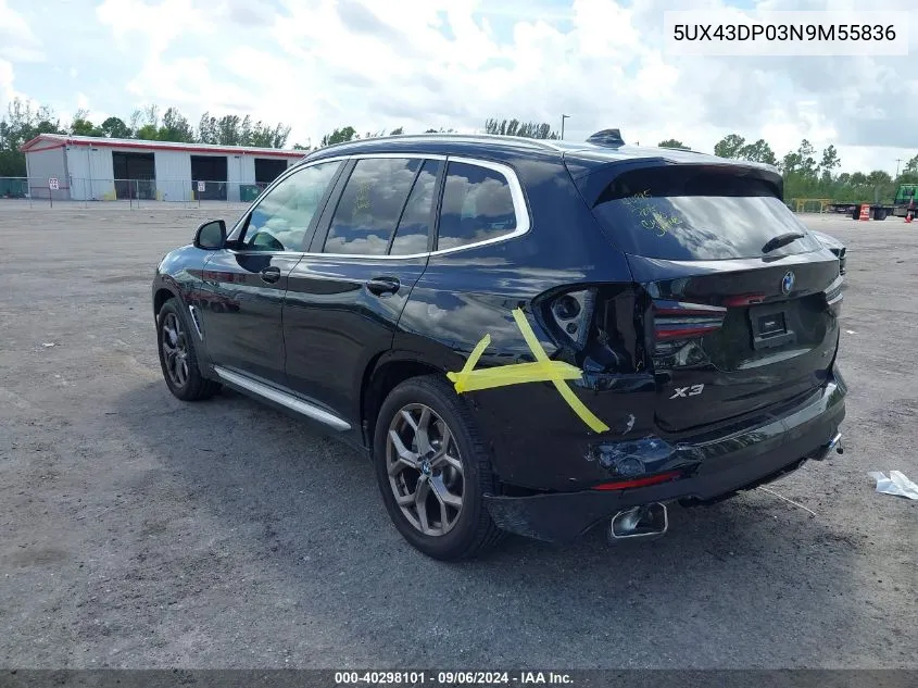 2022 BMW X3 Sdrive30I VIN: 5UX43DP03N9M55836 Lot: 40298101