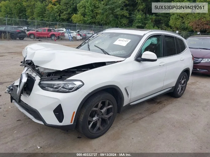 2022 BMW X3 xDrive30I VIN: 5UX53DP03N9N29261 Lot: 40332727