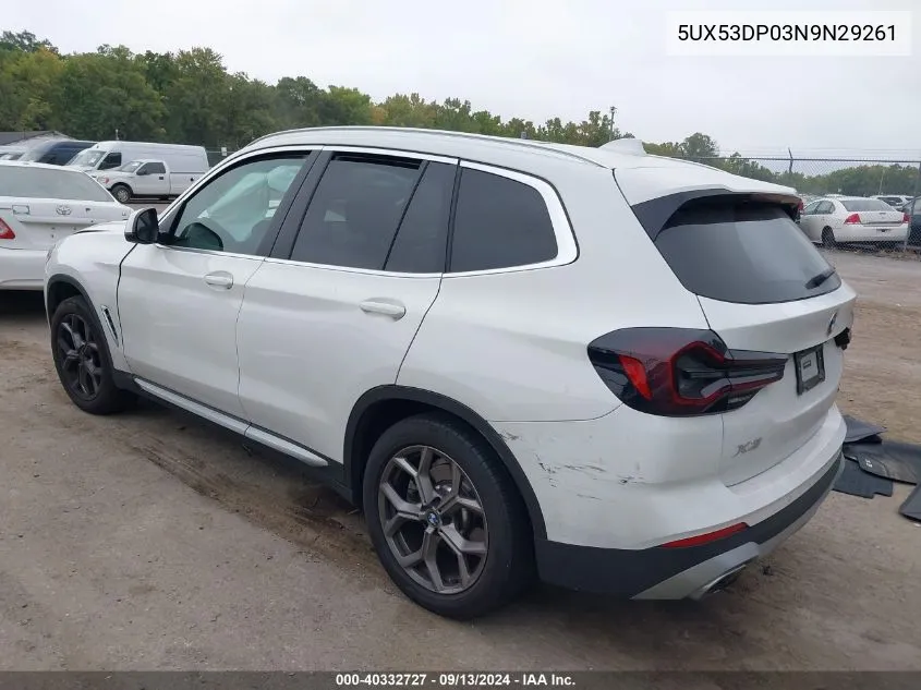 2022 BMW X3 xDrive30I VIN: 5UX53DP03N9N29261 Lot: 40332727