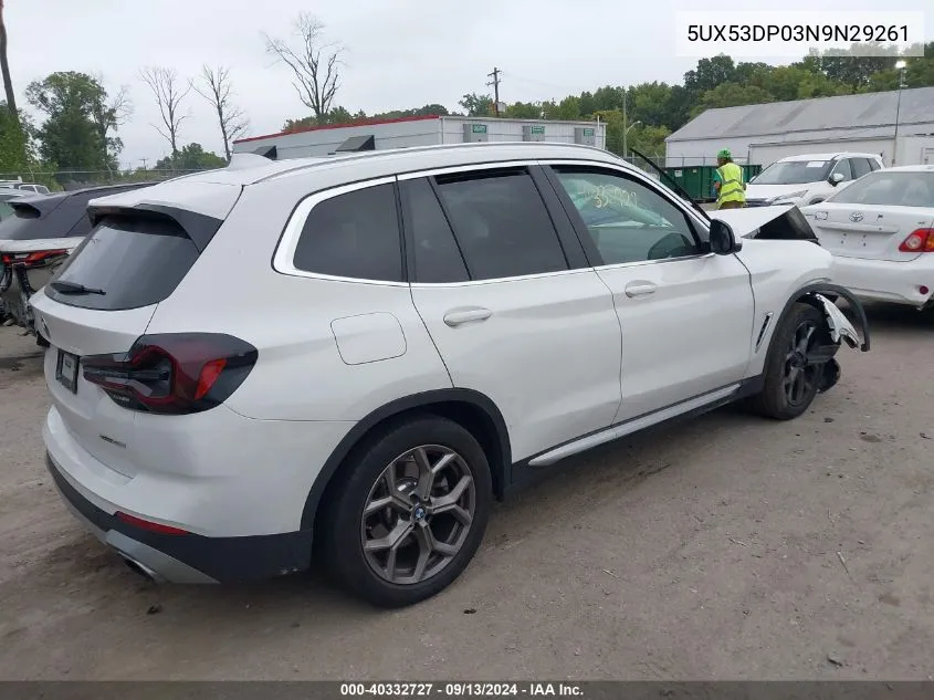 2022 BMW X3 xDrive30I VIN: 5UX53DP03N9N29261 Lot: 40332727