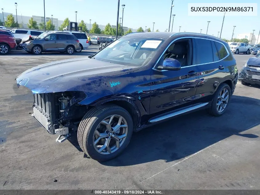 2022 BMW X3 xDrive30I VIN: 5UX53DP02N9M86371 Lot: 40343419