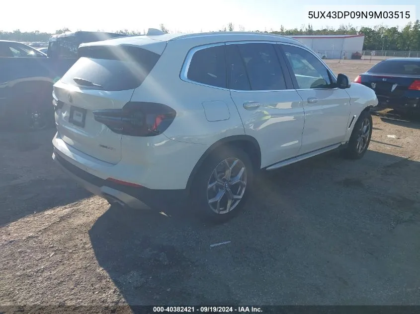 2022 BMW X3 Sdrive30I VIN: 5UX43DP09N9M03515 Lot: 40382421