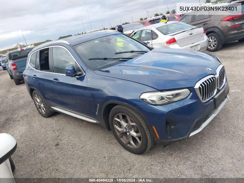 2022 BMW X3 Sdrive30I VIN: 5UX43DP03N9K23401 Lot: 40494328