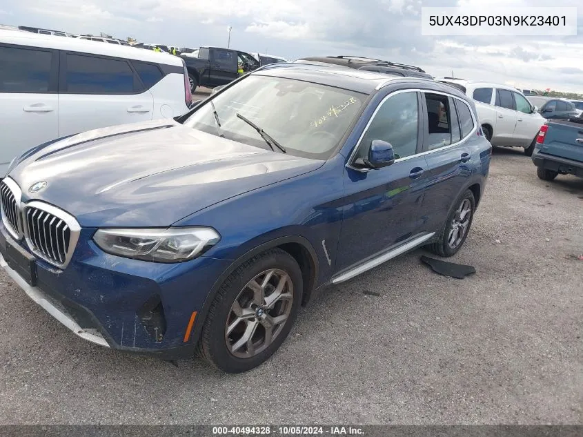 2022 BMW X3 Sdrive30I VIN: 5UX43DP03N9K23401 Lot: 40494328