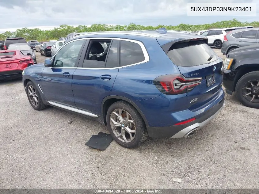 2022 BMW X3 Sdrive30I VIN: 5UX43DP03N9K23401 Lot: 40494328