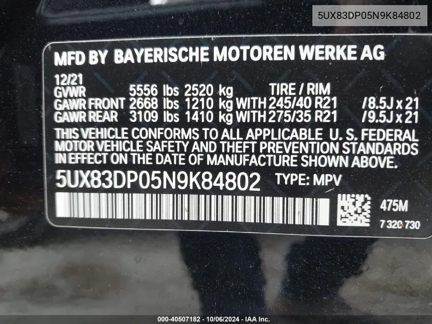 2022 BMW X3 M40I VIN: 5UX83DP05N9K84802 Lot: 40507182