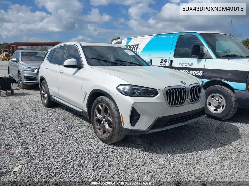 2022 BMW X3 Sdrive30I VIN: 5UX43DP0XN9M49015 Lot: 40520864