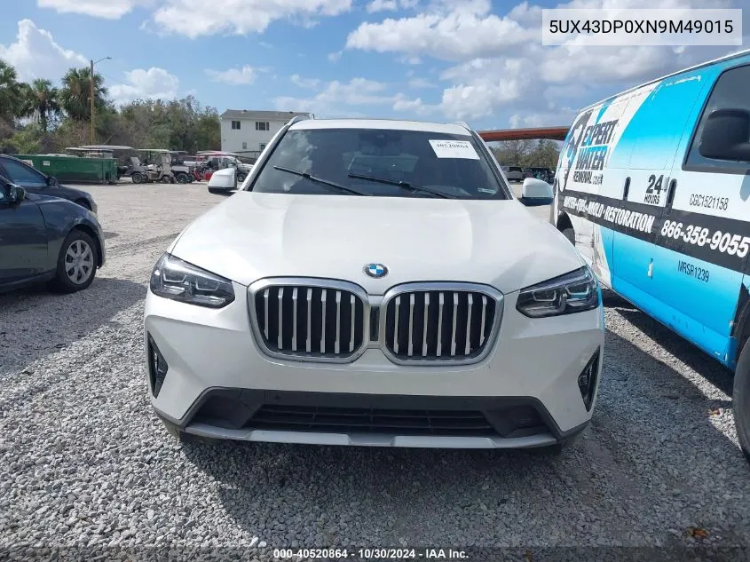 2022 BMW X3 Sdrive30I VIN: 5UX43DP0XN9M49015 Lot: 40520864