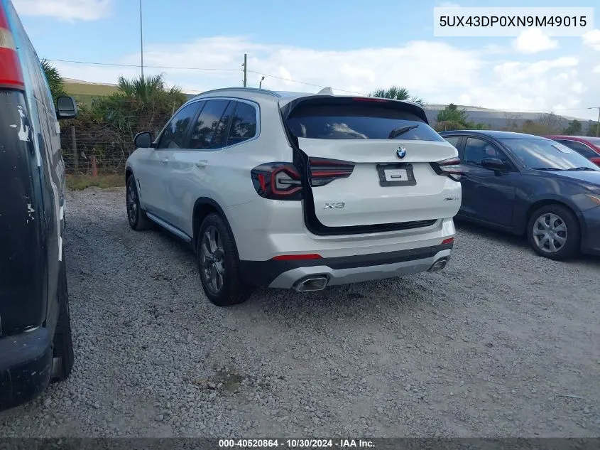 2022 BMW X3 Sdrive30I VIN: 5UX43DP0XN9M49015 Lot: 40520864