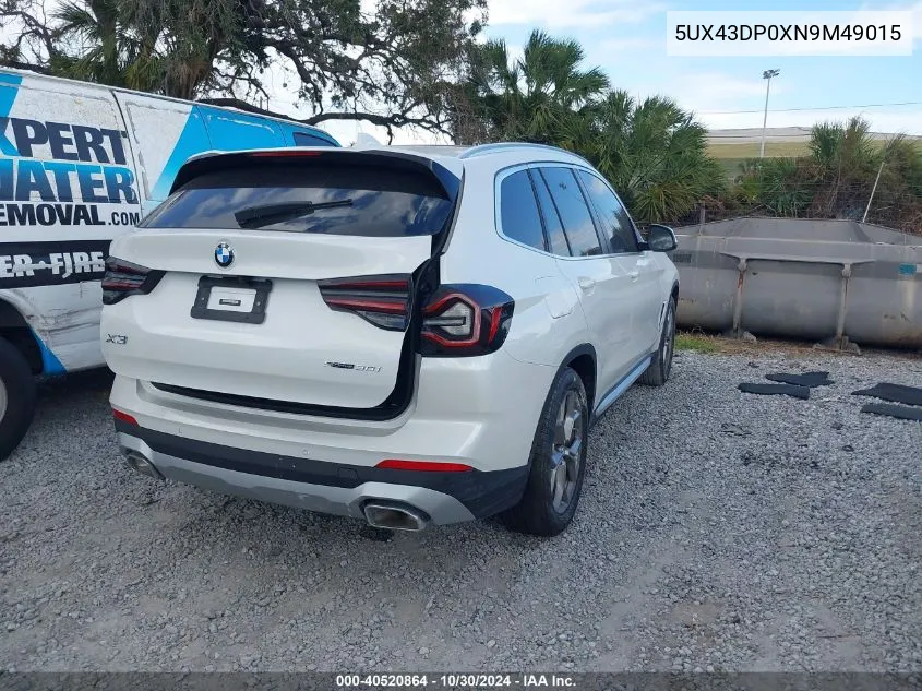 2022 BMW X3 Sdrive30I VIN: 5UX43DP0XN9M49015 Lot: 40520864