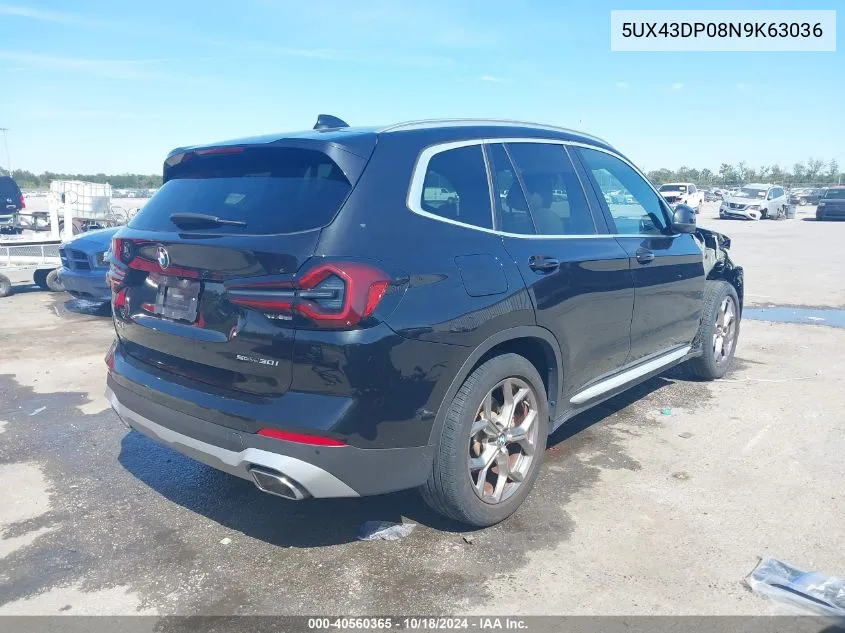 2022 BMW X3 Sdrive30I VIN: 5UX43DP08N9K63036 Lot: 40560365