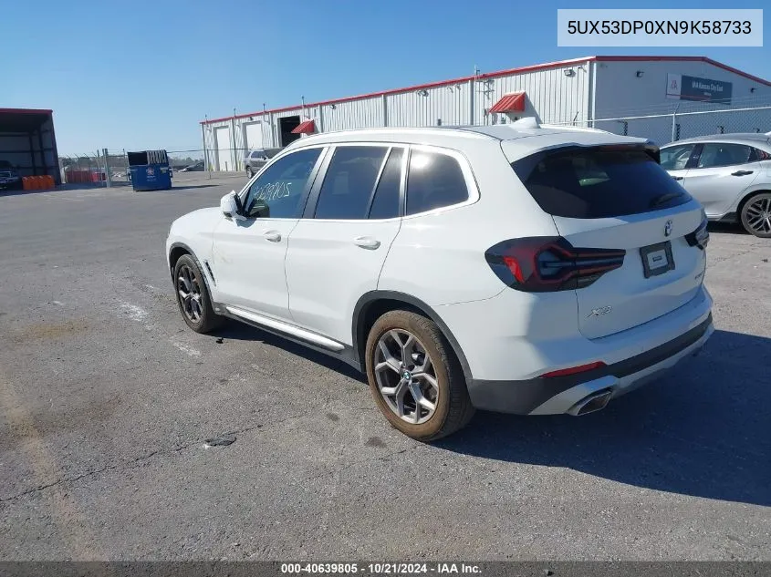 2022 BMW X3 xDrive30I VIN: 5UX53DP0XN9K58733 Lot: 40639805