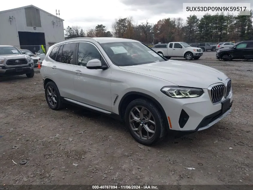 2022 BMW X3 xDrive30I VIN: 5UX53DP09N9K59517 Lot: 40767894