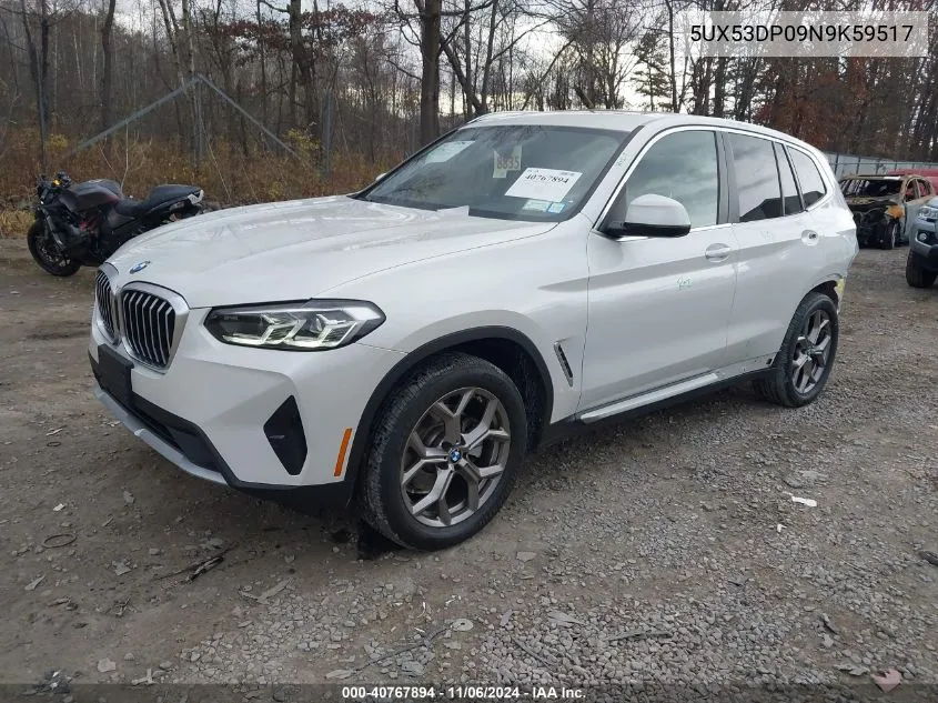 2022 BMW X3 xDrive30I VIN: 5UX53DP09N9K59517 Lot: 40767894