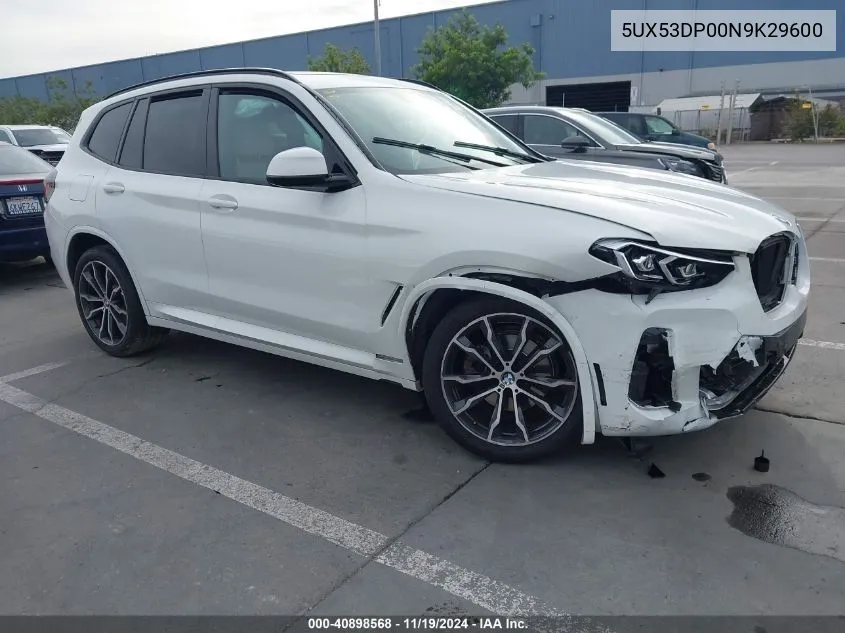 2022 BMW X3 xDrive30I VIN: 5UX53DP00N9K29600 Lot: 40898568