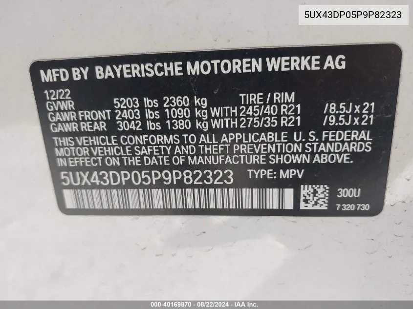 2023 BMW X3 Sdrive30I VIN: 5UX43DP05P9P82323 Lot: 40169870