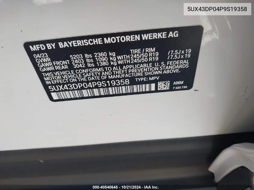 2023 BMW X3 Sdrive30I VIN: 5UX43DP04P9S19358 Lot: 40540645