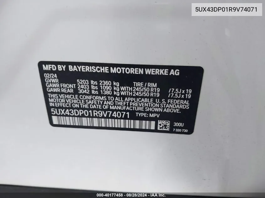 5UX43DP01R9V74071 2024 BMW X3 Sdrive30I