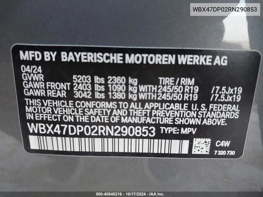 2024 BMW X3 Sdrive30I VIN: WBX47DP02RN290853 Lot: 40545216