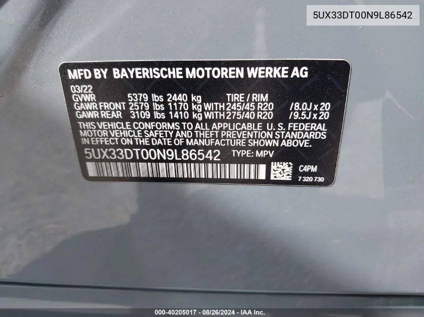 5UX33DT00N9L86542 2022 BMW X4 xDrive30I